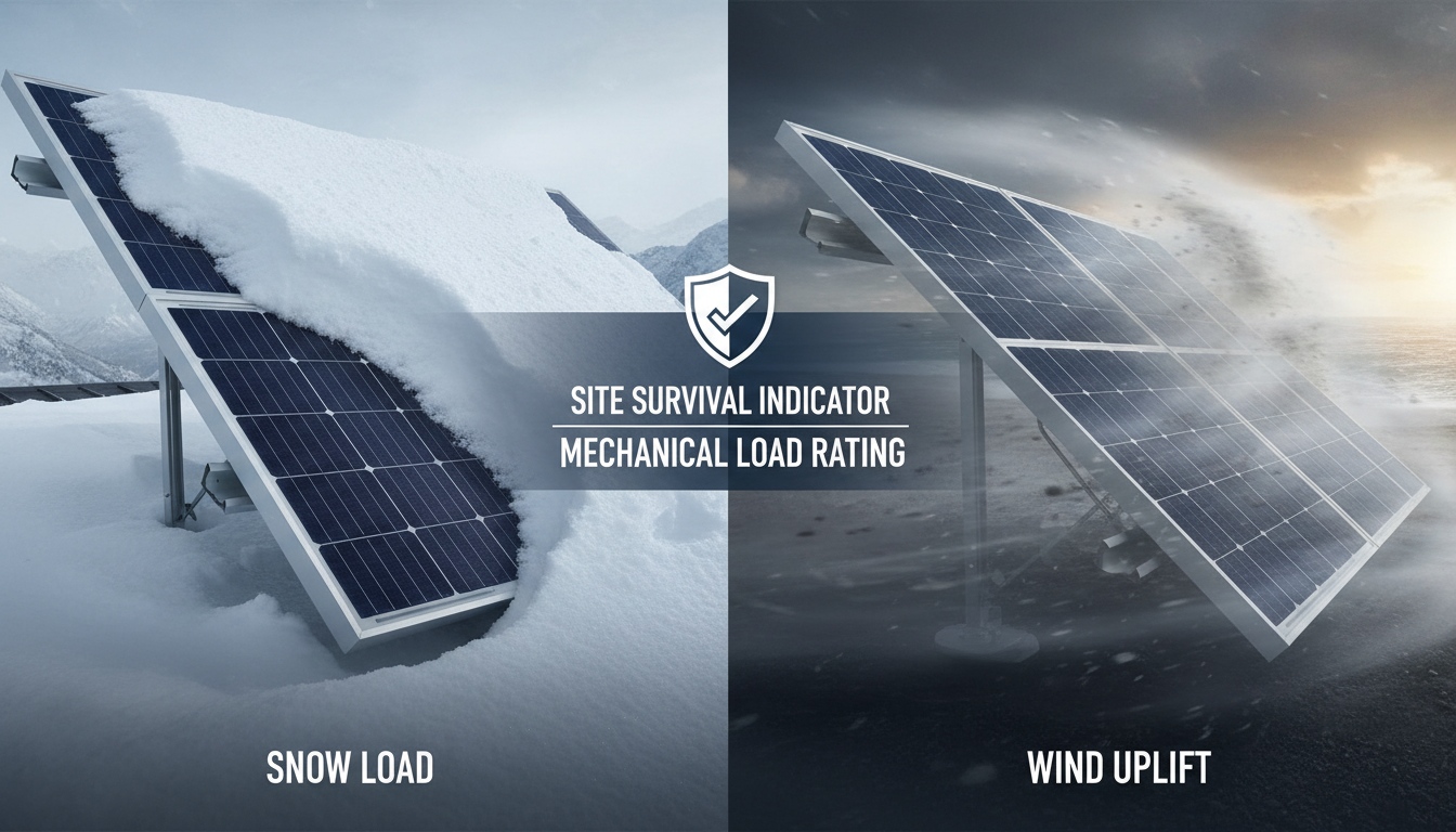 PV module mechanical load rating for snow load and wind uplift showing site survival requirements for solar panel durability